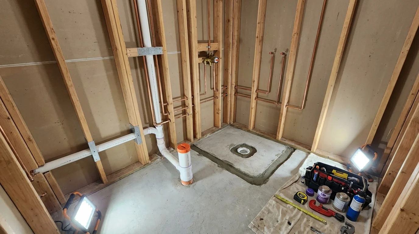 Bathroom rough-in plumbing during remodel by Johns Plumbing LLC in Bluffton