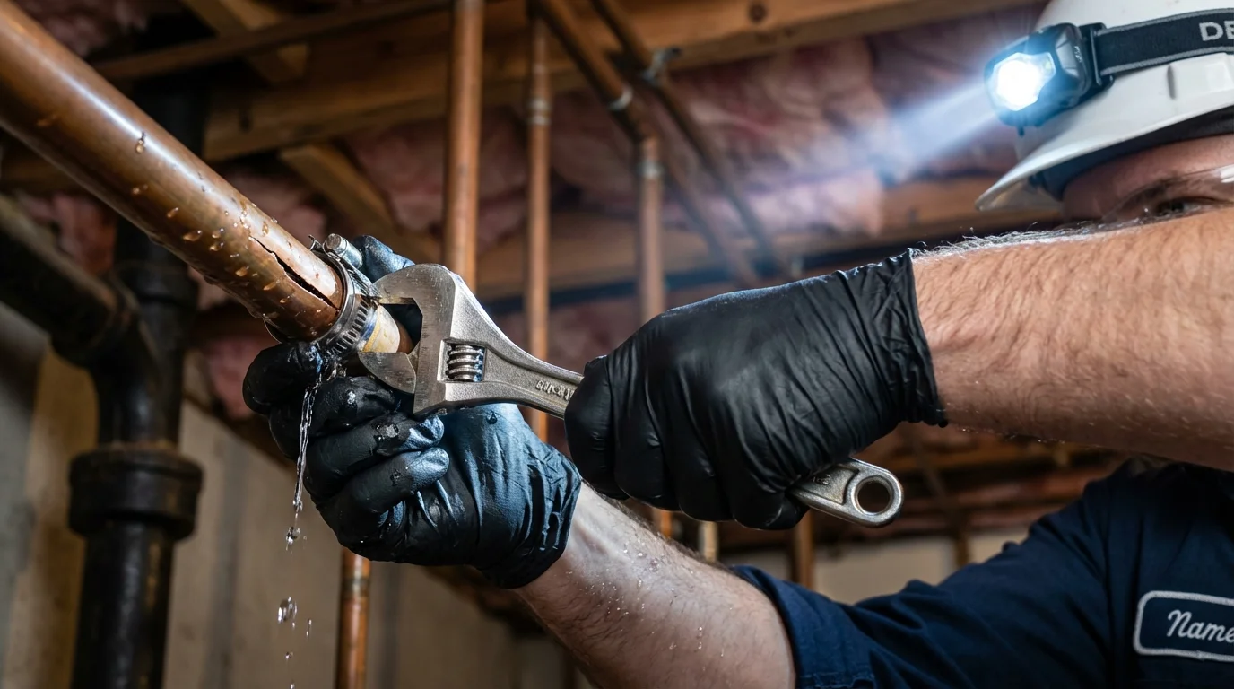 Emergency pipe clamp repair being performed by a Johns Plumbing LLC plumber in Bluffton