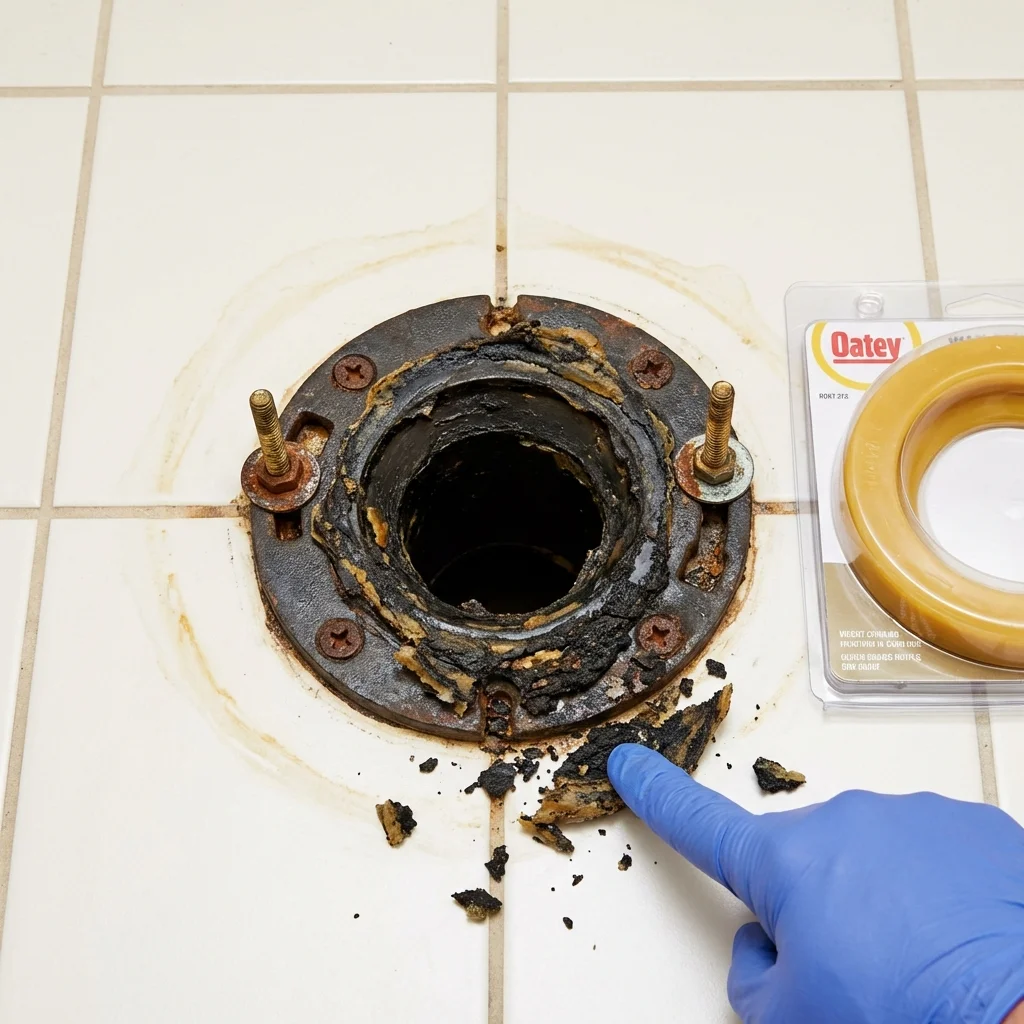 Failed wax ring showing water seepage at the base of a toilet in a Bluffton, IN home