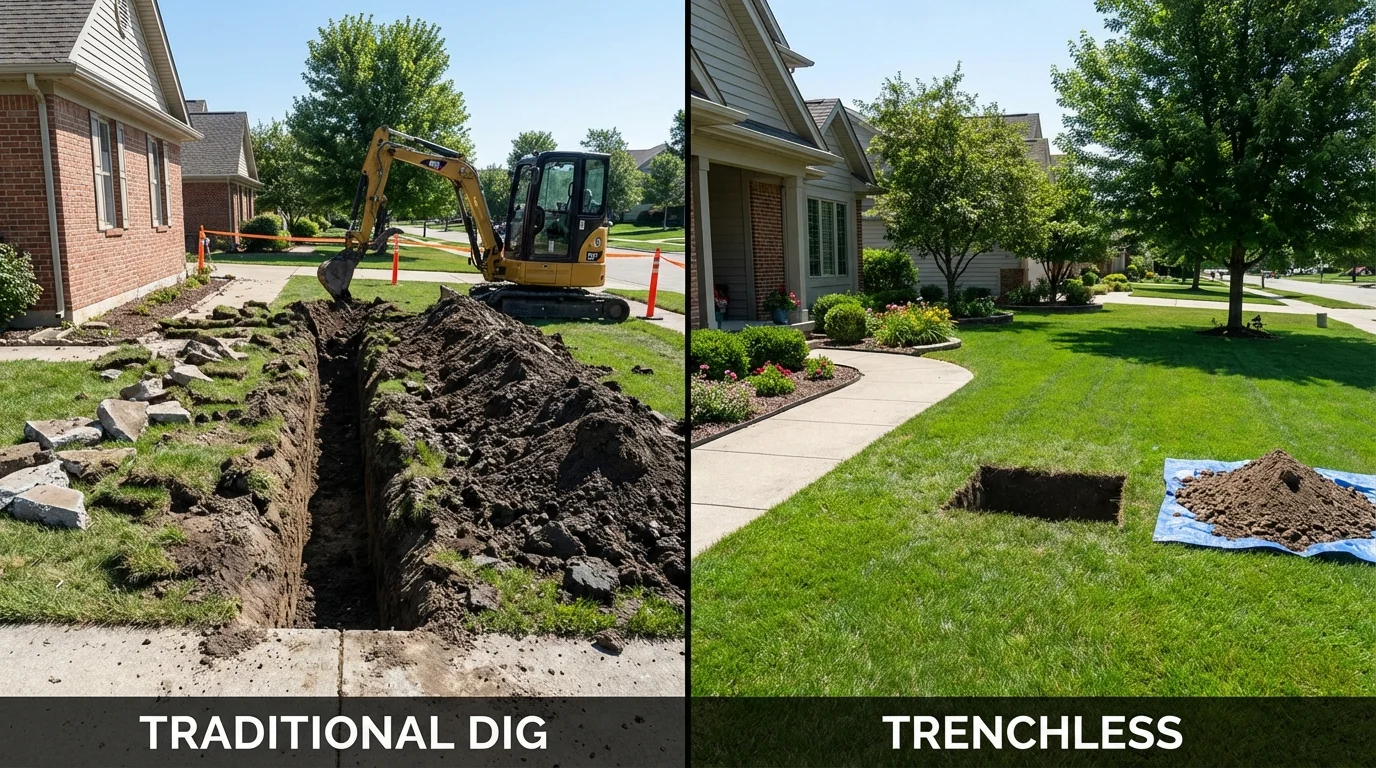 Trenchless sewer repair with minimal yard damage versus traditional excavation in Bluffton, IN