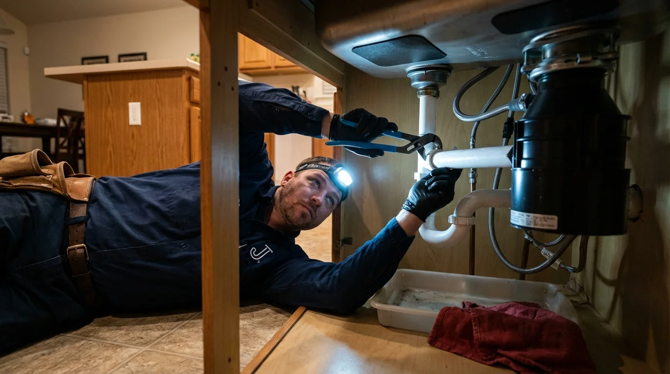 P-trap and supply line connections under a kitchen sink showing a common leak point in Bluffton, IN